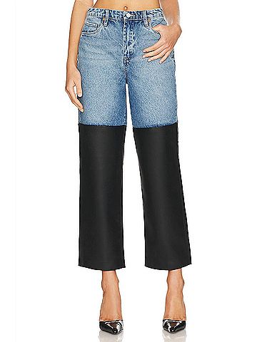 Blank NYC Ribcage Straight Leg Denim With Faux Leather Pants in Light Blue And Black (view 2)
