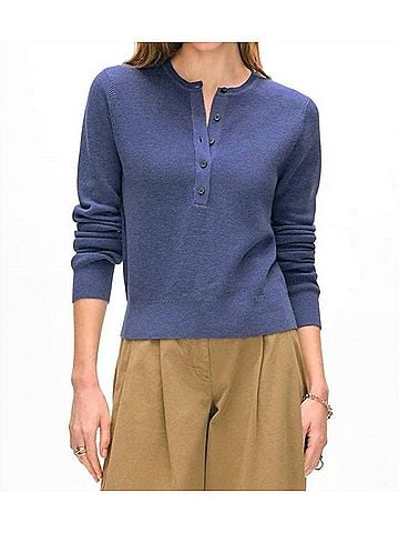 White + Warren Fine Cotton Blend Ribbed Henley Sweater in Vintage Indigo (view 2)