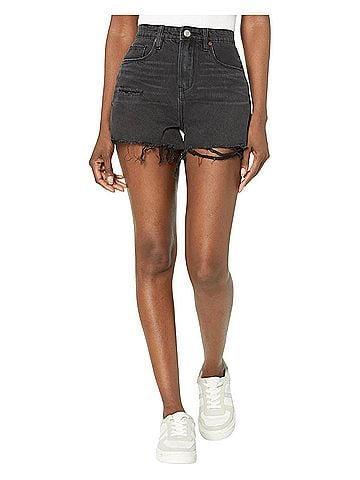 Blank NYC Reeve High-Rise Five-Pocket Shorts With Destructed Hem in Black (view 2)