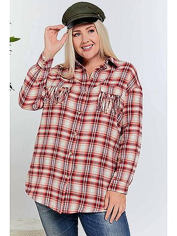 Davi & Dani Plaid Button Up Plus Shirt in Red (view 2)