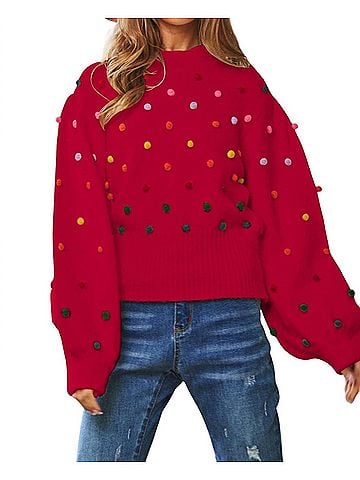 Davi & Dani Party Isn't Over Pom Sweater in Red (view 2)