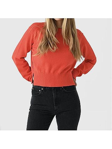 White + Warren Soft Cotton Rib Trim Sweatshirt in Poppy/ Red Navy (view 2)