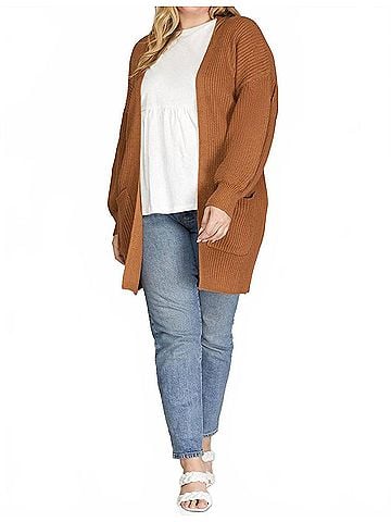 She + Sky Open Front Cardigan in Camel (view 2)