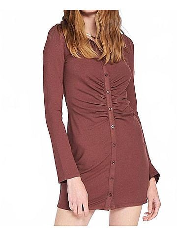 She + Sky Ruched Suede Button Mini Dress in Mocha (view 2)