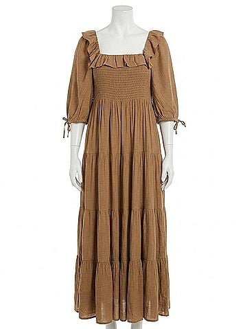 Wishlist Maggie Ruffle Midi Dress in Chestnut Brown (view 1)