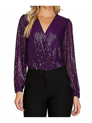 She + Sky Sequin Surplice V-Neck Bodysuit in Purple (view 2)