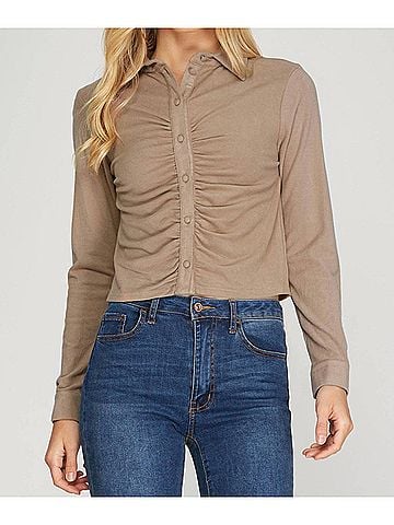 She + Sky Long Cuff Sleeve Brushed Stretch Knit Top in Taupe (view 2)
