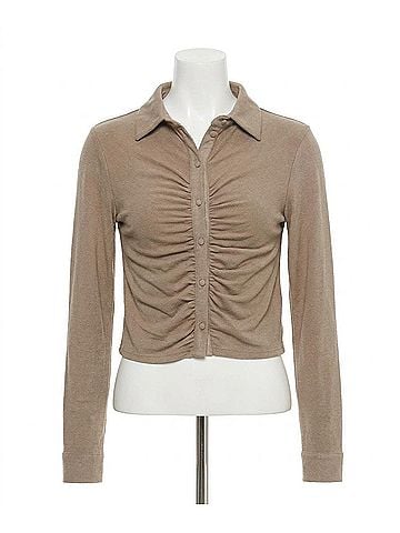 She + Sky Long Cuff Sleeve Brushed Stretch Knit Top in Taupe (view 1)