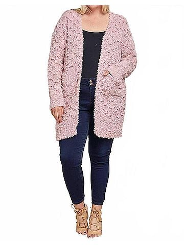 Davi & Dani Fringe Long Sleeve Knit Loose Fit Cardigan - Plus in Mauve (view 2)