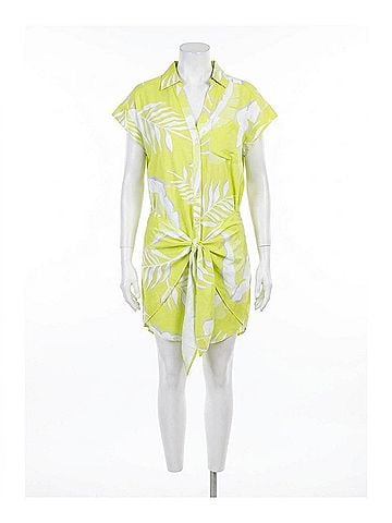 Karlie Palm Leaf Button Down Tie Waistline Dress in Yellow (view 1)
