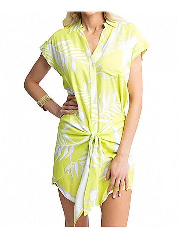Karlie Palm Leaf Button Down Tie Waistline Dress in Yellow (view 2)