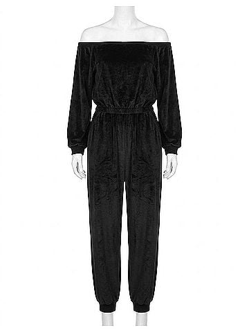 Bluivy Velvet One Shoulder Boat Neck Jumpsuit in Black (view 1)