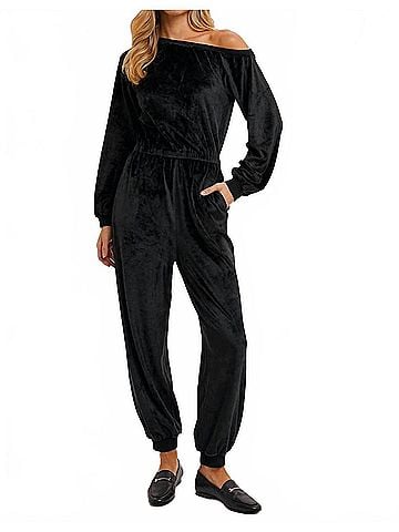 Bluivy Velvet One Shoulder Boat Neck Jumpsuit in Black (view 2)