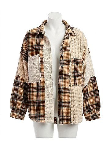 Pol Vintage Washed Knit Patch Front Pocket Plaid Shirt in Caramel Multi (view 1)