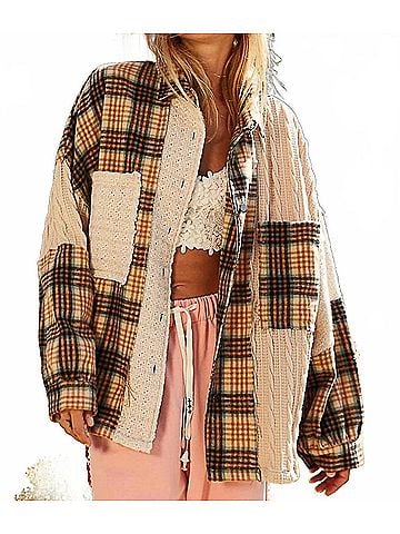 Pol Vintage Washed Knit Patch Front Pocket Plaid Shirt in Caramel Multi (view 2)