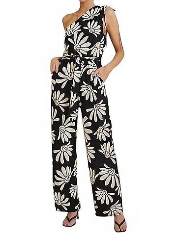 Gilli Floral One Shoulder Tie Strap Wide Leg Jumpsuit in Black Ivory (view 2)