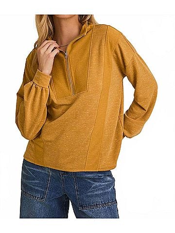 Gilli Half Zip Reverse Fabric Top in Mustard (view 2)