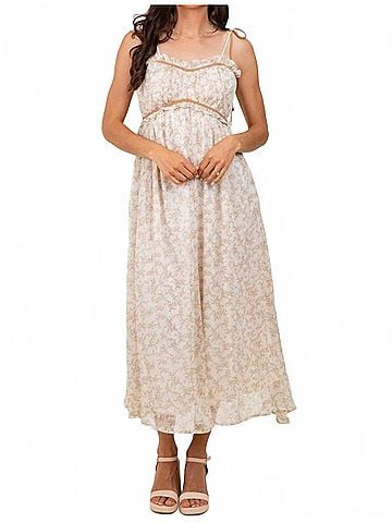 Davi & Dani Garden Floral Midi Dress in Beige (view 2)