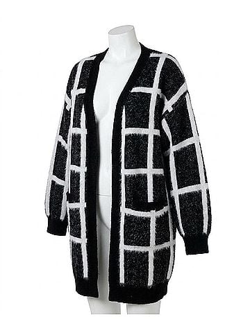 Davi & Dani Plaid Fit Knit Long Cardigan - Plus in Black (view 1)