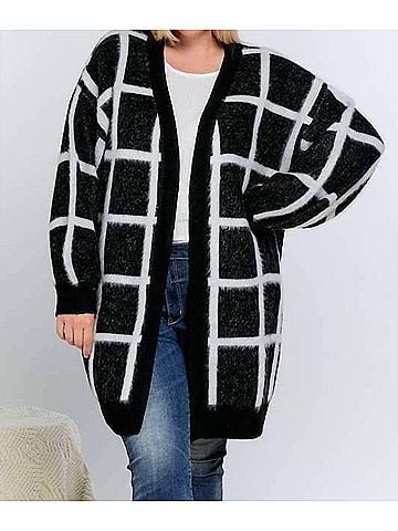 Davi & Dani Plaid Fit Knit Long Cardigan - Plus in Black (view 2)