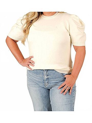 She + Sky Meadow Knit Short Sleeve Sweater - Plus in Cream (view 2)