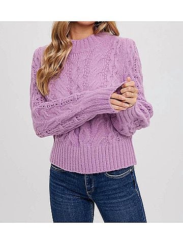 Bluivy Puff Sleeve Cable Pullover in Lavender (view 2)