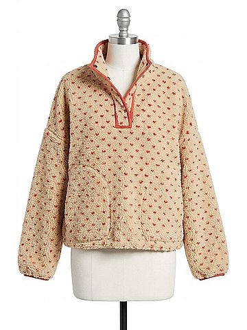 Wishlist Haley Heart Sherpa Fleece Pullover Sweater in Oat/Red (view 1)