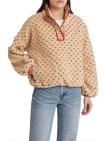 Wishlist Haley Heart Sherpa Fleece Pullover Sweater in Oat/Red (view 2)