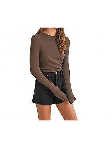 MIOU MUSE Ribbed Long Sleeve Mock Neck Top in Coffee (view 2)