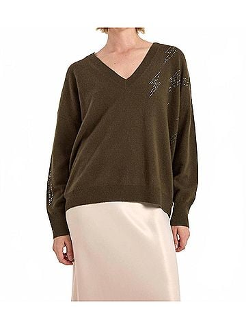 Brodie Hazel Hot Fix Bolt V Neck Sweater in Khaki (view 2)