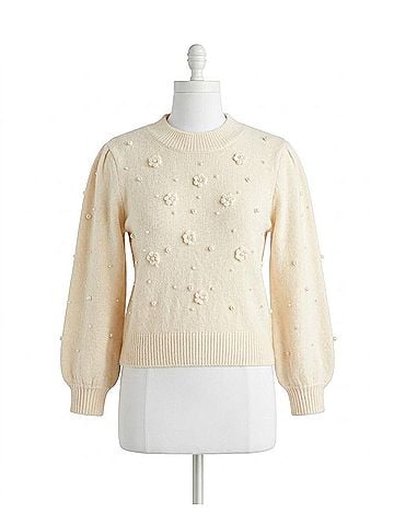 Davi & Dani Pearl Blossoms Long Sleeve Sweater in Beige (view 1)