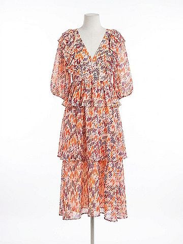 Karlie Abstract Ruffle Midi Dress in Orange (view 1)