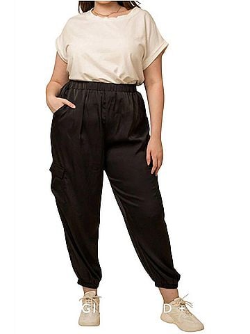 Gilli Drawstring Satin Cargo Joggers - Plus in Black (view 2)