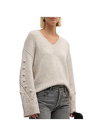 Autumn Cashmere Chunky V With Pointelle & Popcorn Sleeve Top in Confetti (view 2)