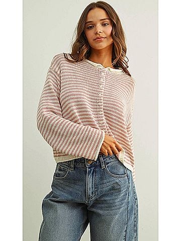 MIOU MUSE Button Front Knit Cardigan in Rose And White (view 2)