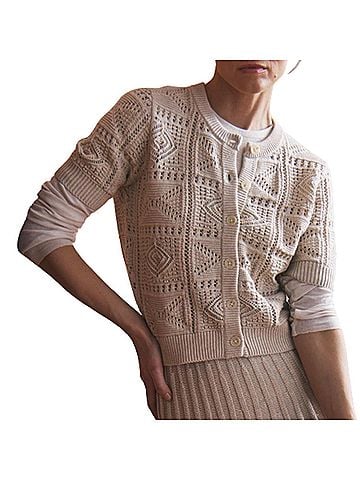 Autumn Cashmere Short Sleeve Tile Stitch Cardigan in Natural (view 2)