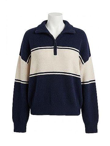 White + Warren Cashmere Wool Quarter Zip Top in Navy / Ivory (view 1)