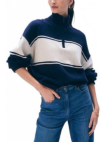 White + Warren Cashmere Wool Quarter Zip Top in Navy / Ivory (view 2)