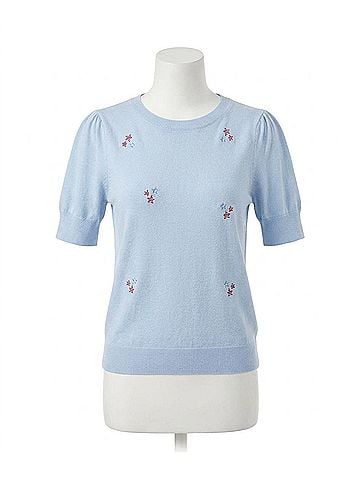 Gilli Round Neck Puff Sleeve Star Embroidered Knit Top in Light Blue (view 1)