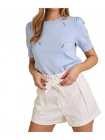 Gilli Round Neck Puff Sleeve Star Embroidered Knit Top in Light Blue (view 2)