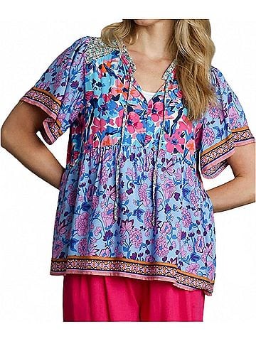 Umgee Mixed Floral Print Bohemian Top in Periwinkle (view 2)