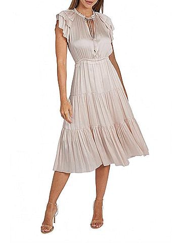 Love Token Pamela Ruffle Trim Midi Dress in Nude (view 2)