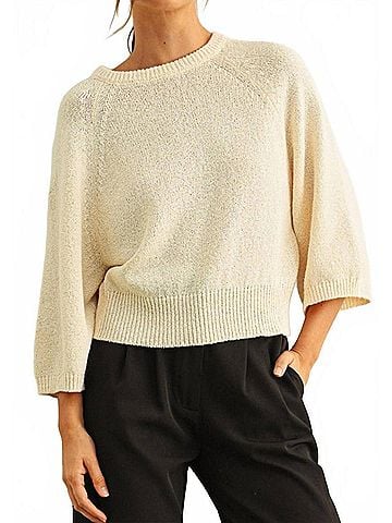 MIOU MUSE Women's Round Neck Quarter Sleeve Knitted Top in Cream (view 2)