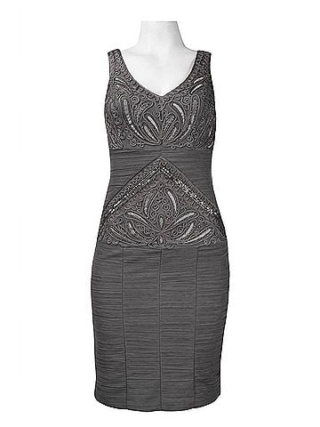 Sue Wong V-Cut Neck Ribbon Ruched Cocktail Dress in Charcoal (view 1)