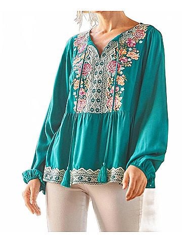 Andree by UNIT Embroidered Peplum Blouse in Teal (view 2)