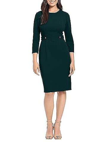 London Times Quarter Sleeve Button Waist Sheath Dress in Deep Teal (view 2)