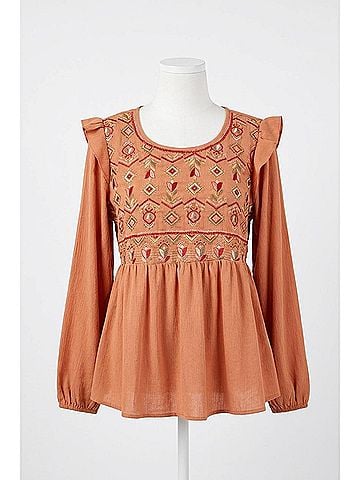 Andree by UNIT Babydoll Embroidered Top in Rust (view 1)