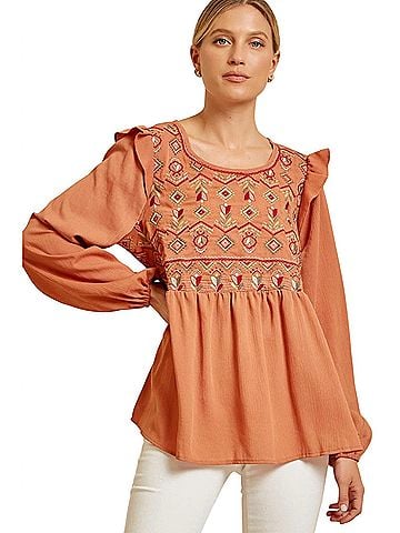 Andree by UNIT Babydoll Embroidered Top in Rust (view 2)