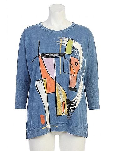 Jess & Jane Modern Art Mineral Washed Cotton Dolman Sleeve Top in Marine Blue (view 1)