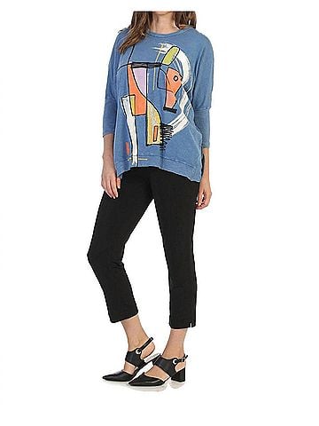 Jess & Jane Modern Art Mineral Washed Cotton Dolman Sleeve Top in Marine Blue (view 2)
